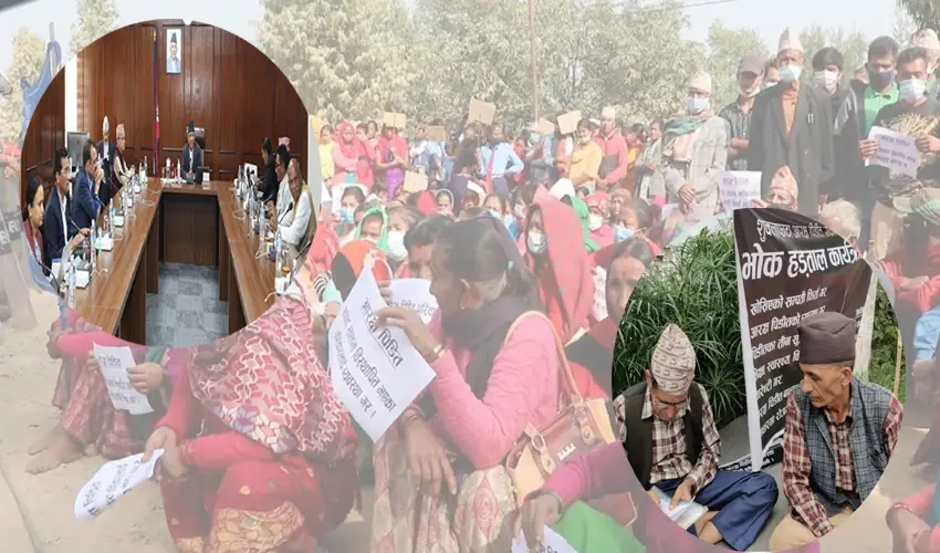 पुनःस्थापनको माग गर्दै १३ दिनदेखि शुक्लाफाँटा आरक्ष विस्थापित रिले अनशनमा